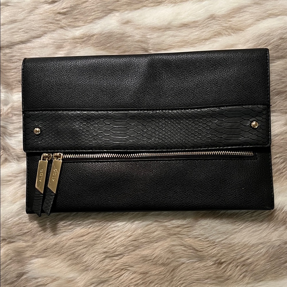 Aldo Textured Black Clutch with Gold Details